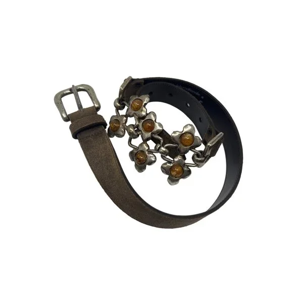 Brown Leather Floral Chain Belt Unique, Vintage Leather Flower and Metal Chain Belt for  main image 3